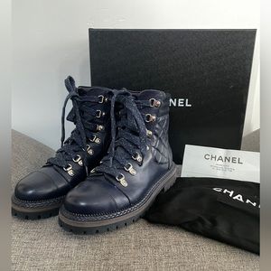 Chanel Navy Lace Up Quilted Boots, Size 36.5